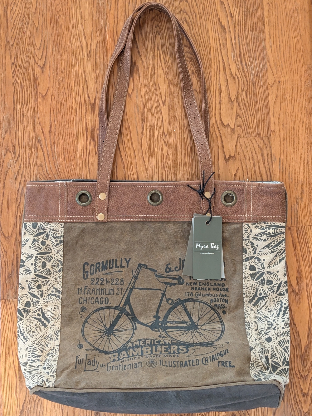 Myra Bag Cotton and Leather Bicycle Print Canvas Tote Bag